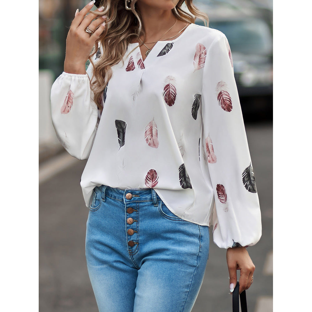 Feather Print Polo Shirt Long Top