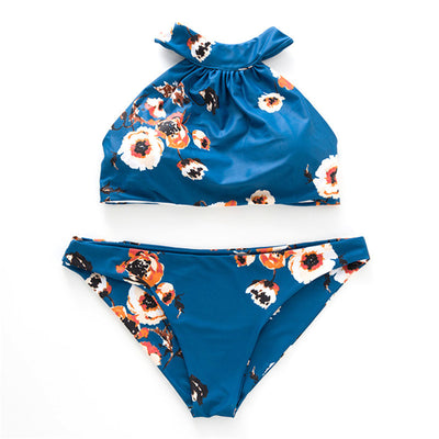 Halter Neck Split Blue Print Swimsuit