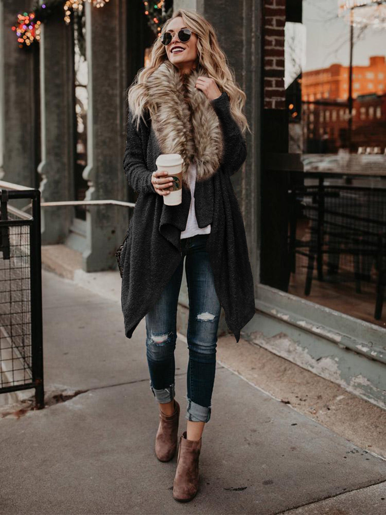 Fur Collar Cardigan Plush Trench Coat