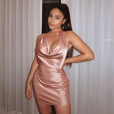 V Neck Backless Satin Party Dress