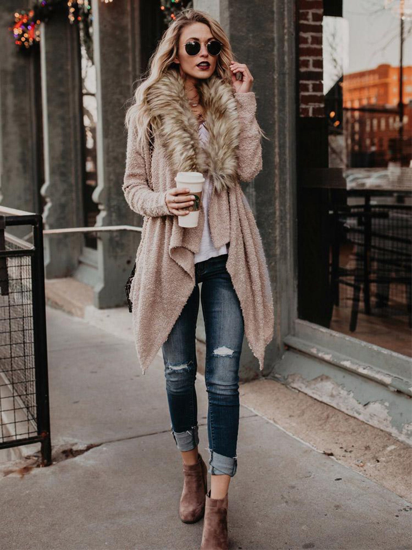 Fur Collar Cardigan Plush Trench Coat