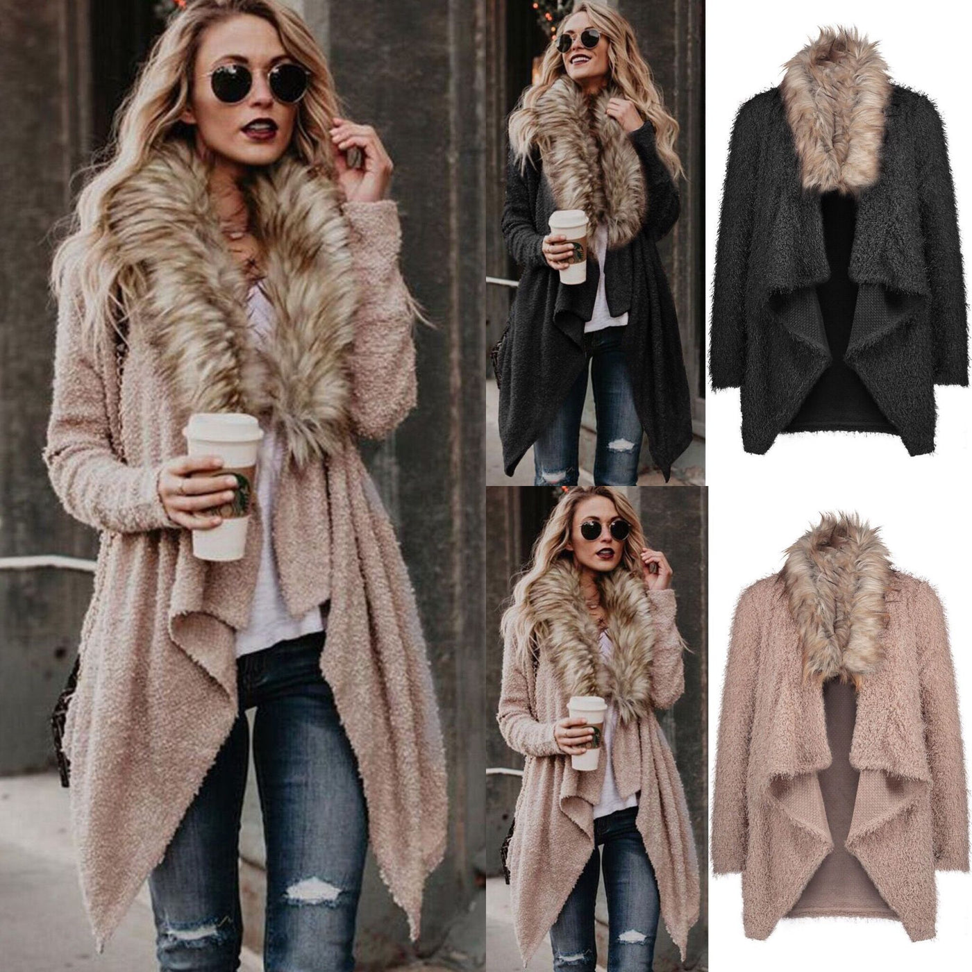 Fur Collar Cardigan Plush Trench Coat