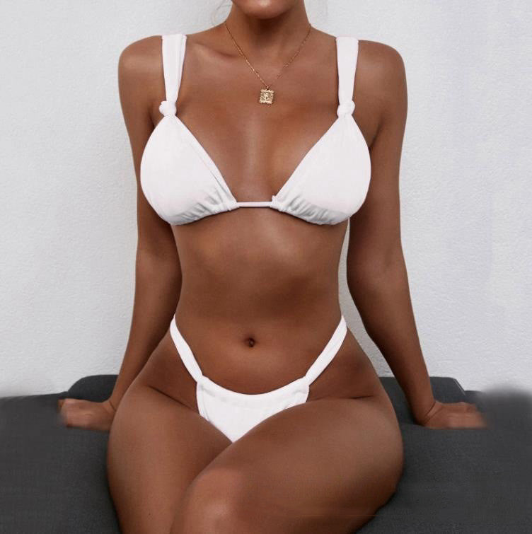 Bikini Pleated Split Strap Pure Color And Knotted Swimsuit