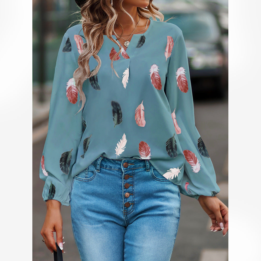 Feather Print Polo Shirt Long Top