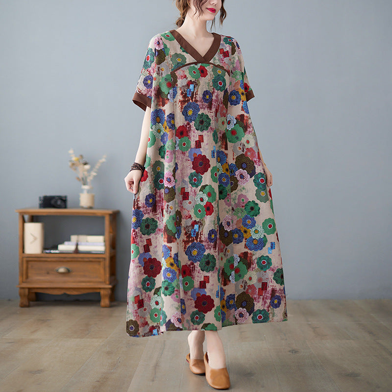 Flower Print V-neck Loose And Slim Cotton And Linen Dress