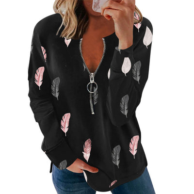 Leaf Zipper Print Long Sleeve Loose T-shirt