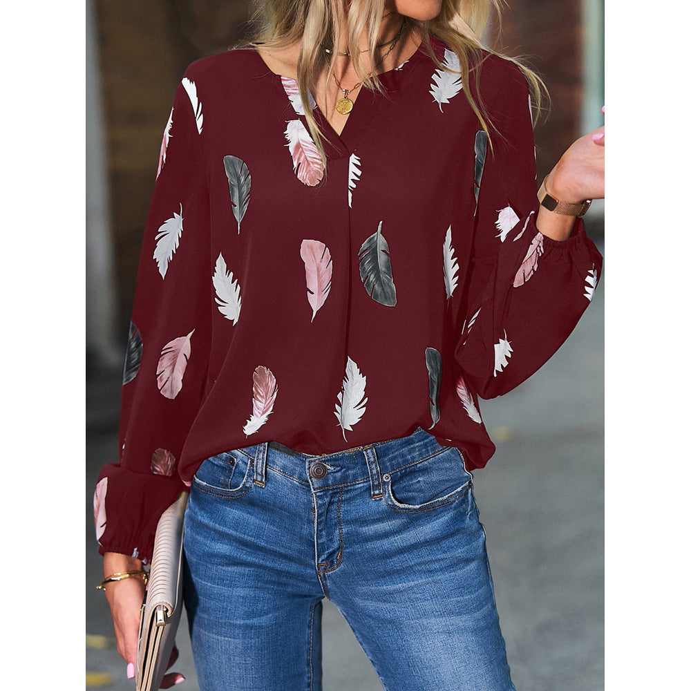 Feather Print Polo Shirt Long Top