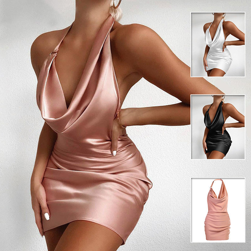 V Neck Backless Satin Party Dress