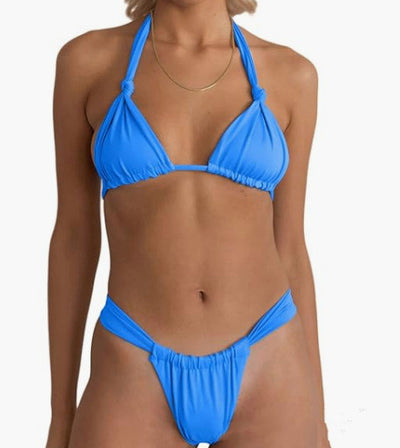 Bikini Pleated Split Strap Pure Color And Knotted Swimsuit