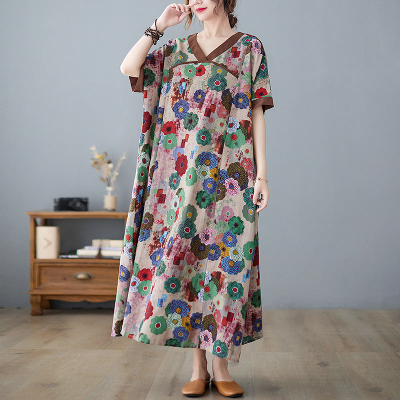 Flower Print V-neck Loose And Slim Cotton And Linen Dress