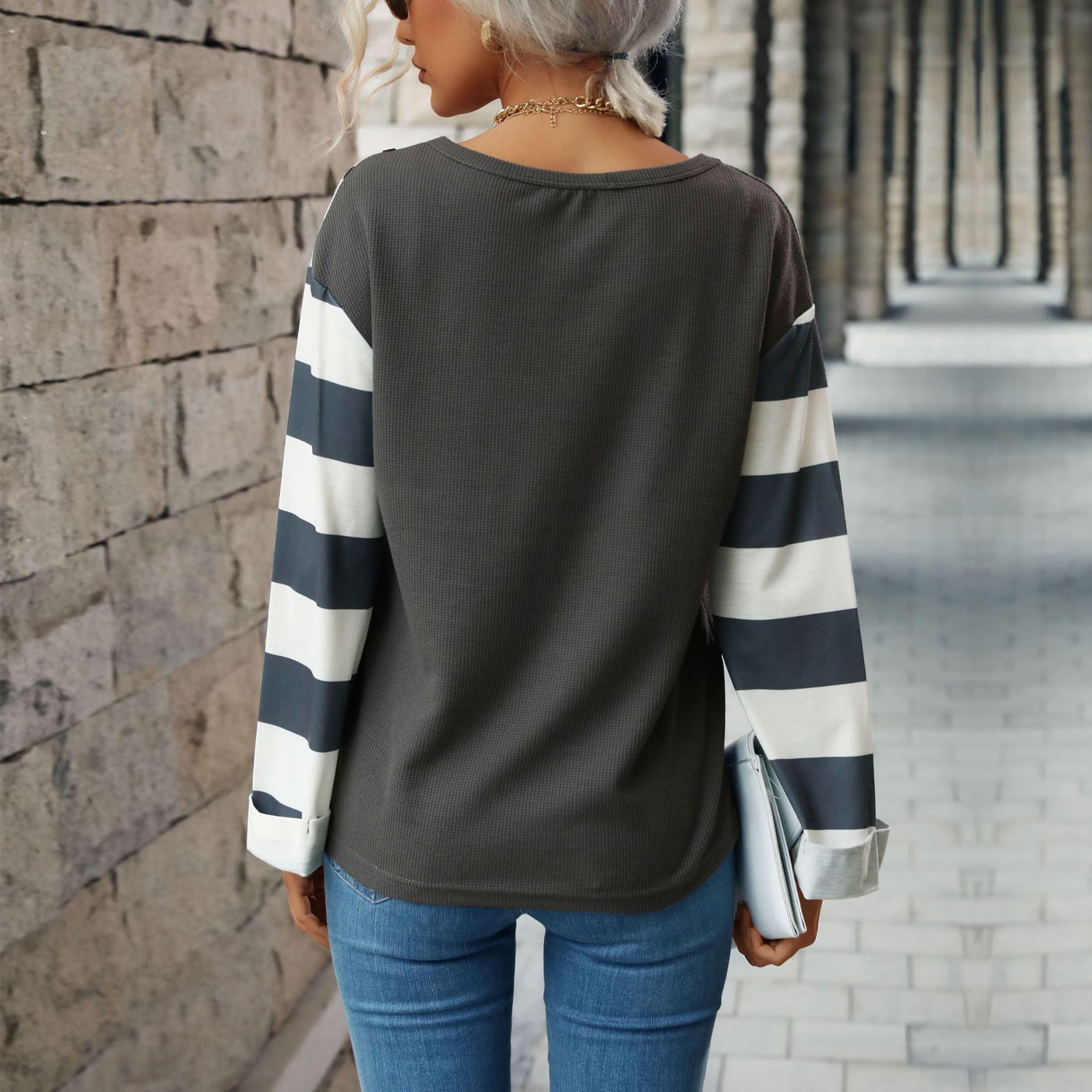 Stitching Waffle Knitted Pullover Sweater
