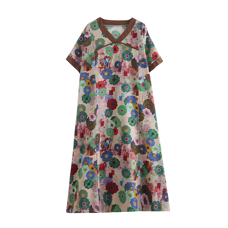 Flower Print V-neck Loose And Slim Cotton And Linen Dress