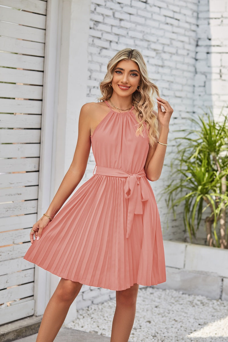 Elegant Halter Lace-up Sleeveless Pleated Mini Dress