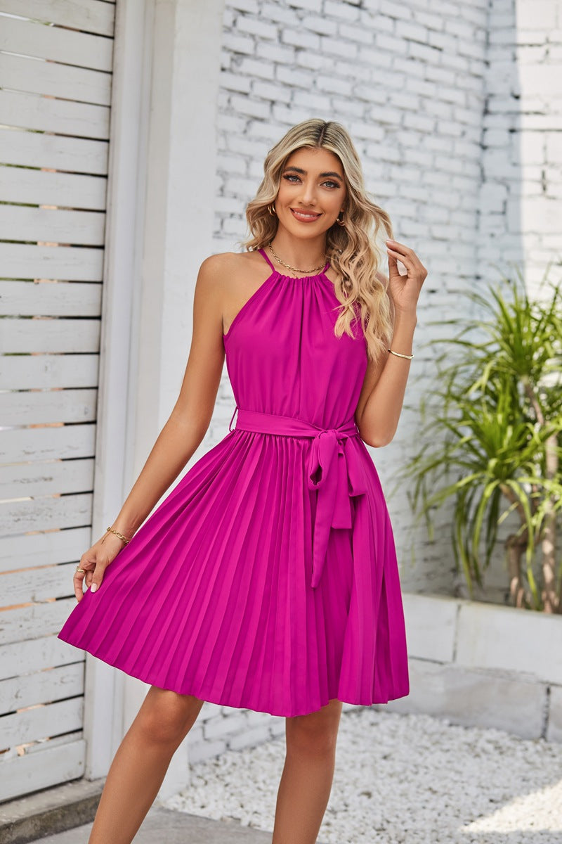 Elegant Halter Lace-up Sleeveless Pleated Mini Dress