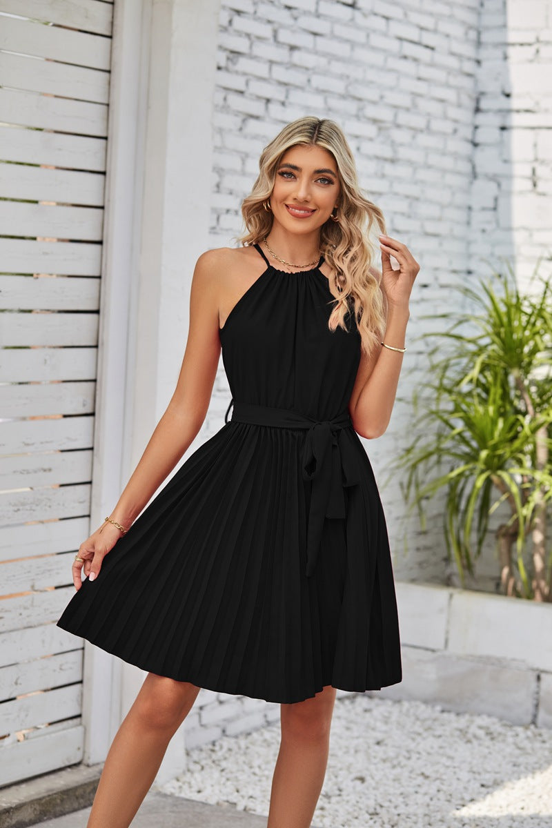 Elegant Halter Lace-up Sleeveless Pleated Mini Dress