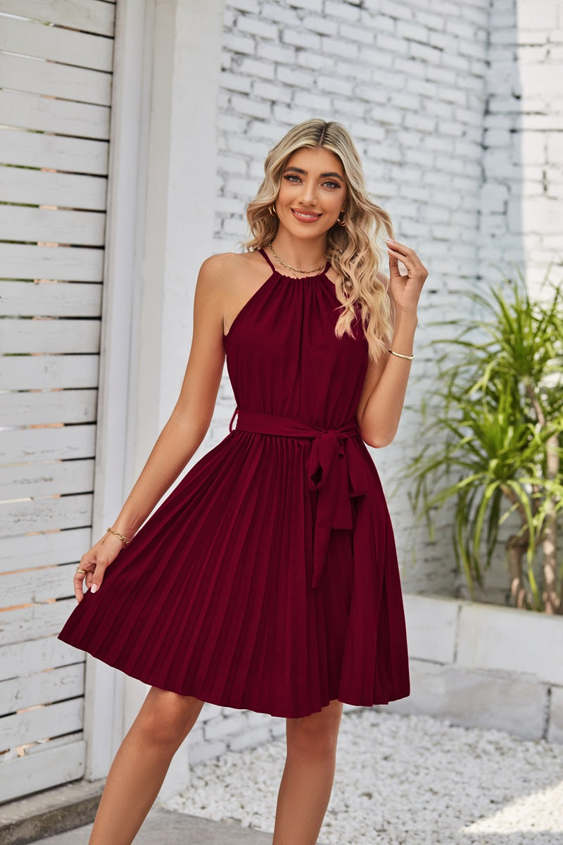 Elegant Halter Lace-up Sleeveless Pleated Mini Dress