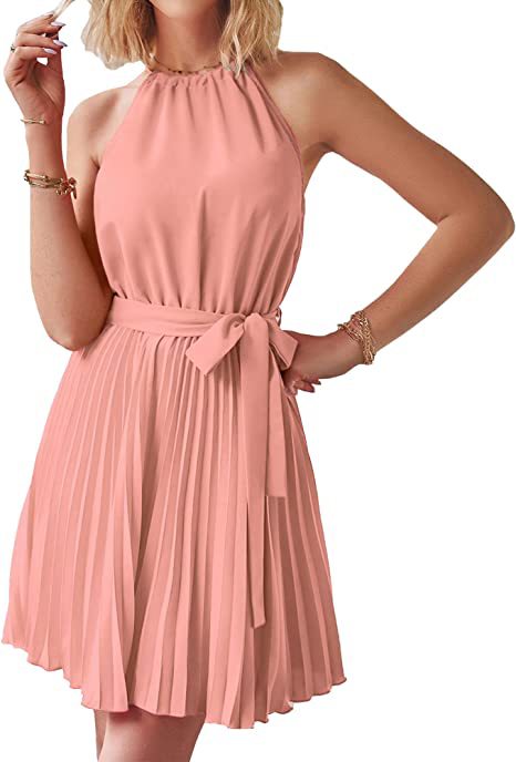 Elegant Halter Lace-up Sleeveless Pleated Mini Dress