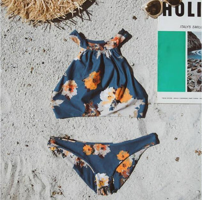 Halter Neck Split Blue Print Swimsuit