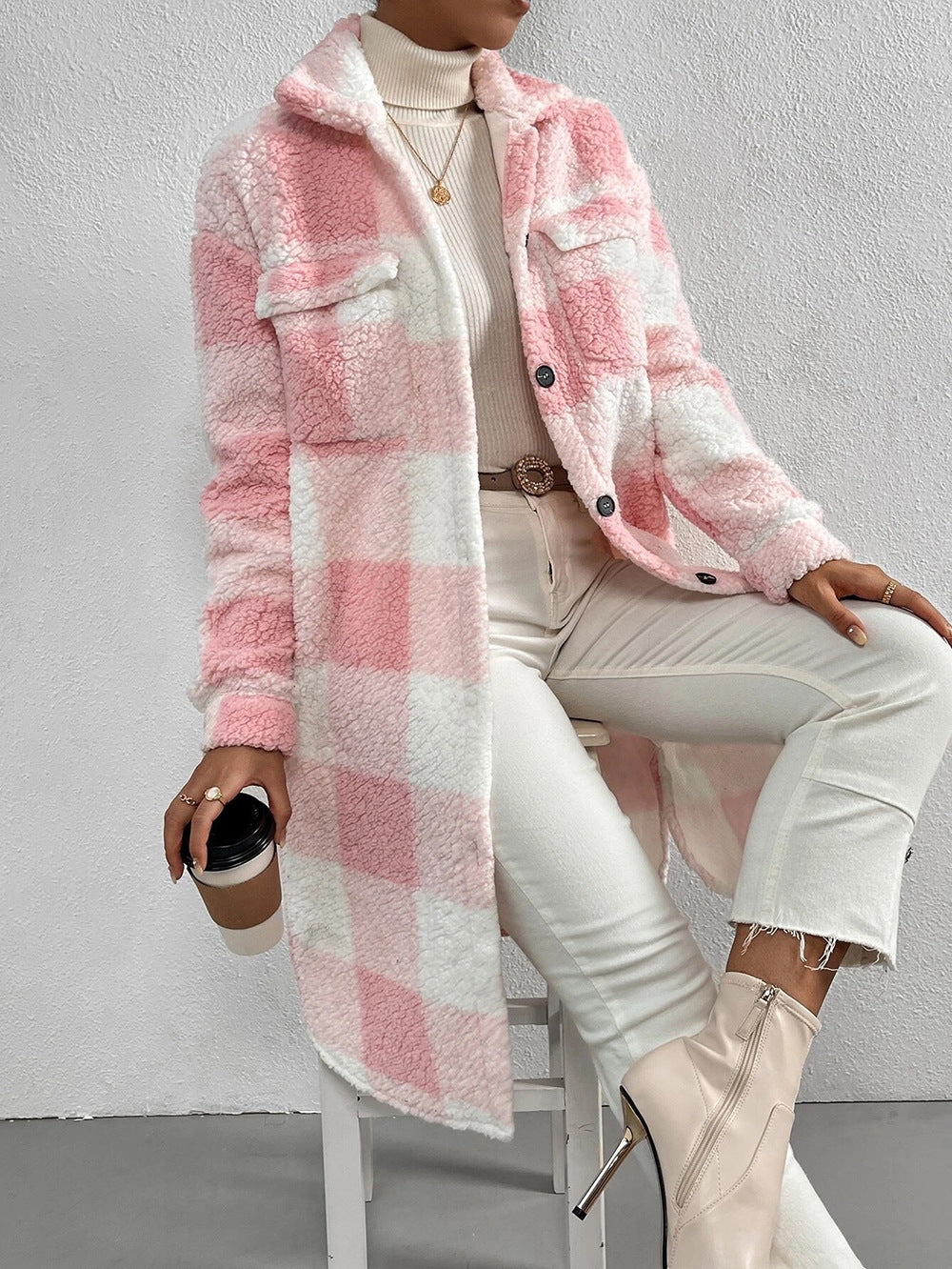 Button Lapel Plush Plaid Coat