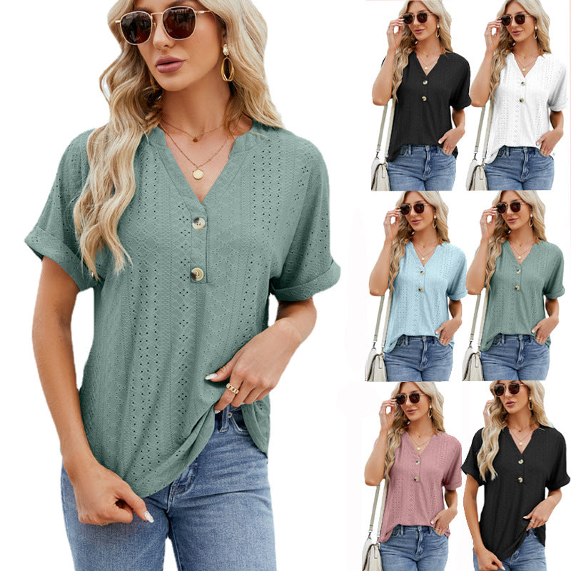 V-neck Rolled Hem Short-sleeved Top 11.87