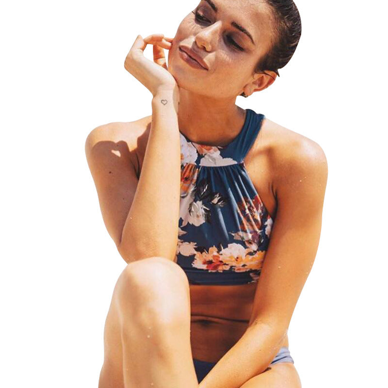 Halter Neck Split Blue Print Swimsuit