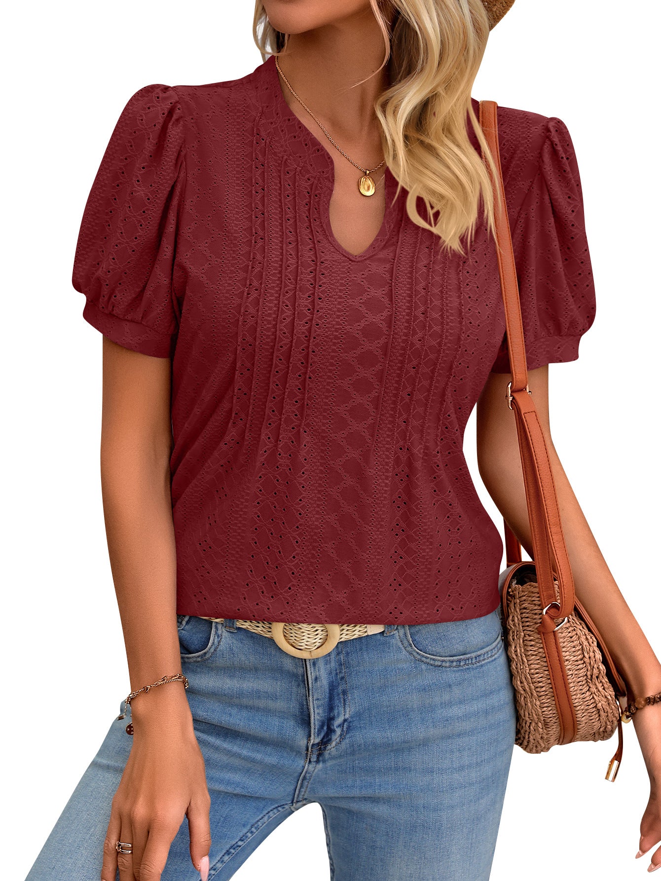 V-neck Puff Short-sleeved T-shirt