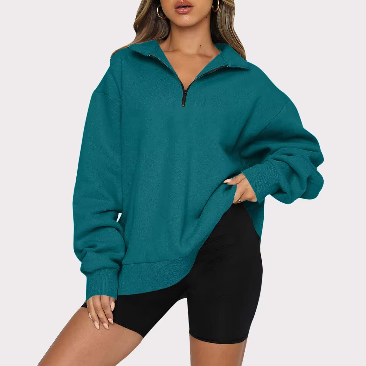 Sweatshirt Zip Turndown Collar Loose Casual