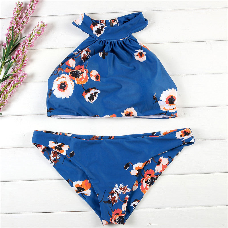 Halter Neck Split Blue Print Swimsuit