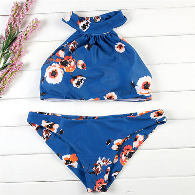 Halter Neck Split Blue Print Swimsuit